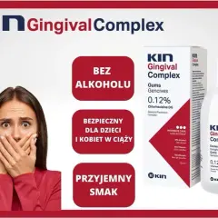Płyn do płukania jamy ustnej KIN Gingival Complex, bezpieczny dla dzieci i kobiet w ciąży, bez alkoholu, z przyjemnym smakiem.