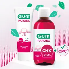Zestaw GUM PAROEX: pasta do zębów i płyn do płukania jamy ustnej z chlorheksydyną i CPC dla intensywnej pielęgnacji.