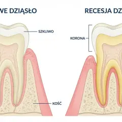 Porównanie zdrowego dziąsła z recesją, gdzie widać odsłonięty korzeń zęba. Próchnica przy dziąśle postępuje.