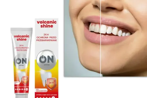 Pasta Volcanic Shine z pyłem wulkanicznym dla olśniewająco białych zębów. Efekt bielszych zębów do 6 odcieni.