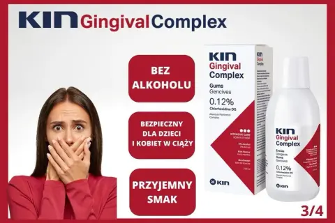 Płyn do płukania jamy ustnej KIN Gingival Complex, bezpieczny dla dzieci i kobiet w ciąży, bez alkoholu, z przyjemnym smakiem.