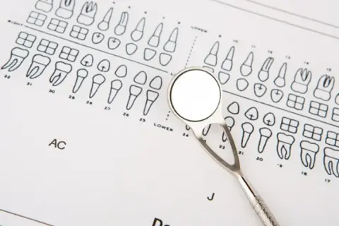 Dentysta pokazuje, jak liczyć zęby na schemacie. Lusterko dentystyczne leży na diagramie zębów.