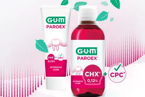 Zestaw GUM PAROEX: pasta do zębów i płyn do płukania jamy ustnej z chlorheksydyną i CPC dla intensywnej pielęgnacji.