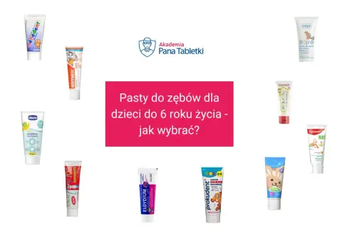 Kolekcja past do zębów dla dzieci, w tym te z fluorem, od różnych marek, jak Elmex, Colgate, Ziaja.