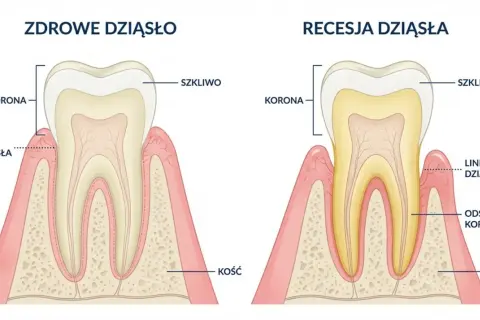Porównanie zdrowego dziąsła z recesją, gdzie widać odsłonięty korzeń zęba. Próchnica przy dziąśle postępuje.