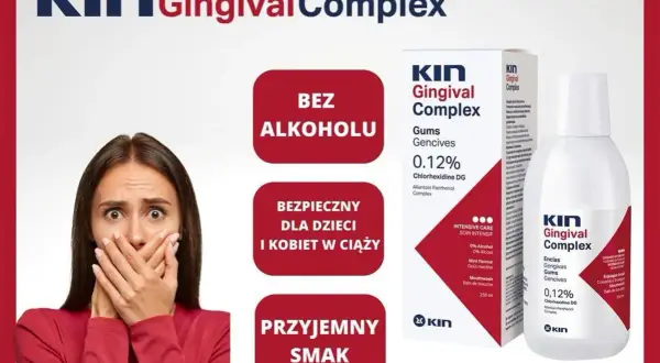 Płyn do płukania jamy ustnej KIN Gingival Complex, bezpieczny dla dzieci i kobiet w ciąży, bez alkoholu, z przyjemnym smakiem.