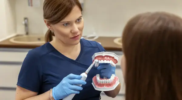 Dentystka pokazuje pacjentowi, jak prawidłowo myć zęby za pomocą modelu szczęki i szczoteczki elektrycznej.