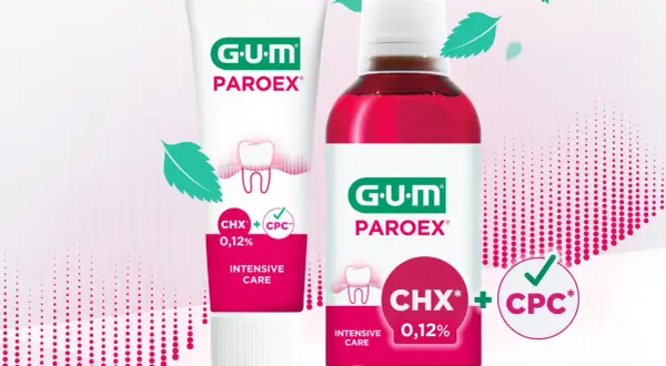Zestaw GUM PAROEX: pasta do zębów i płyn do płukania jamy ustnej z chlorheksydyną i CPC dla intensywnej pielęgnacji.