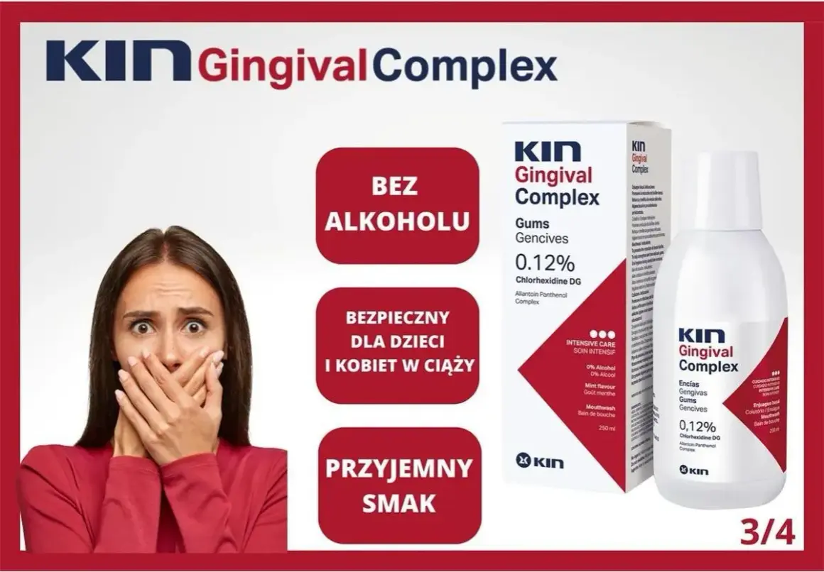 Płyn do płukania jamy ustnej KIN Gingival Complex, bezpieczny dla dzieci i kobiet w ciąży, bez alkoholu, z przyjemnym smakiem.