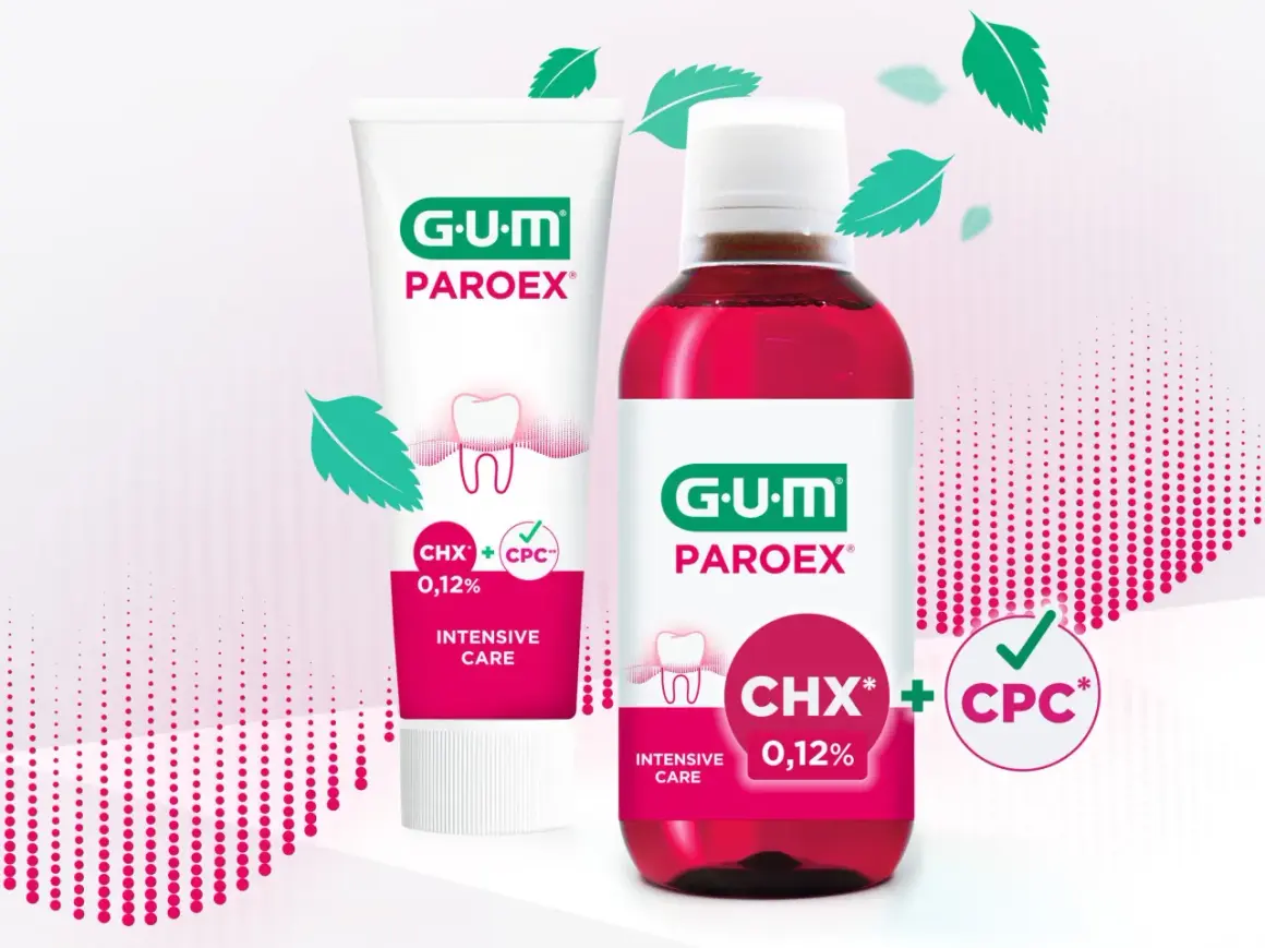 Zestaw GUM PAROEX: pasta do zębów i płyn do płukania jamy ustnej z chlorheksydyną i CPC dla intensywnej pielęgnacji.