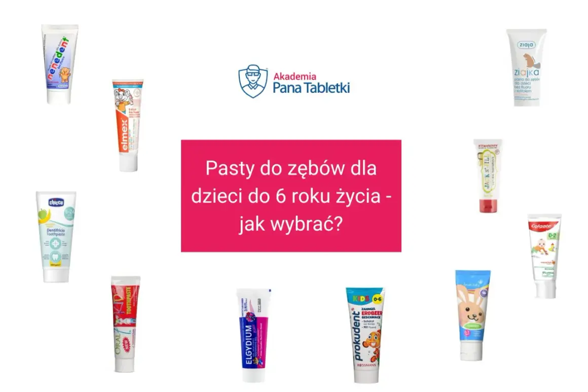 Kolekcja past do zębów dla dzieci, w tym te z fluorem, od różnych marek, jak Elmex, Colgate, Ziaja.