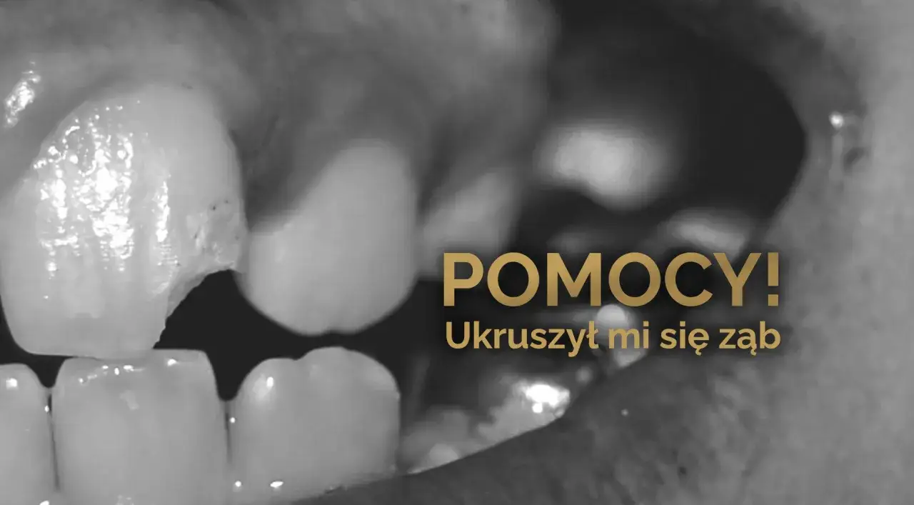 Ukruszony ząb od wewnątrz, widoczny fragment uzębienia z wyraźnym ubytkiem. Napis 