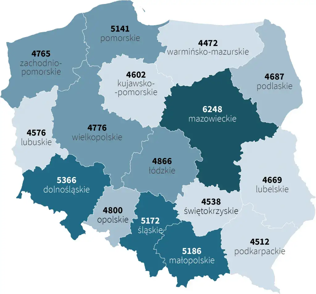 mapa Polski zarobki dentystów, różnice regionalne wynagrodzeń stomatologów
