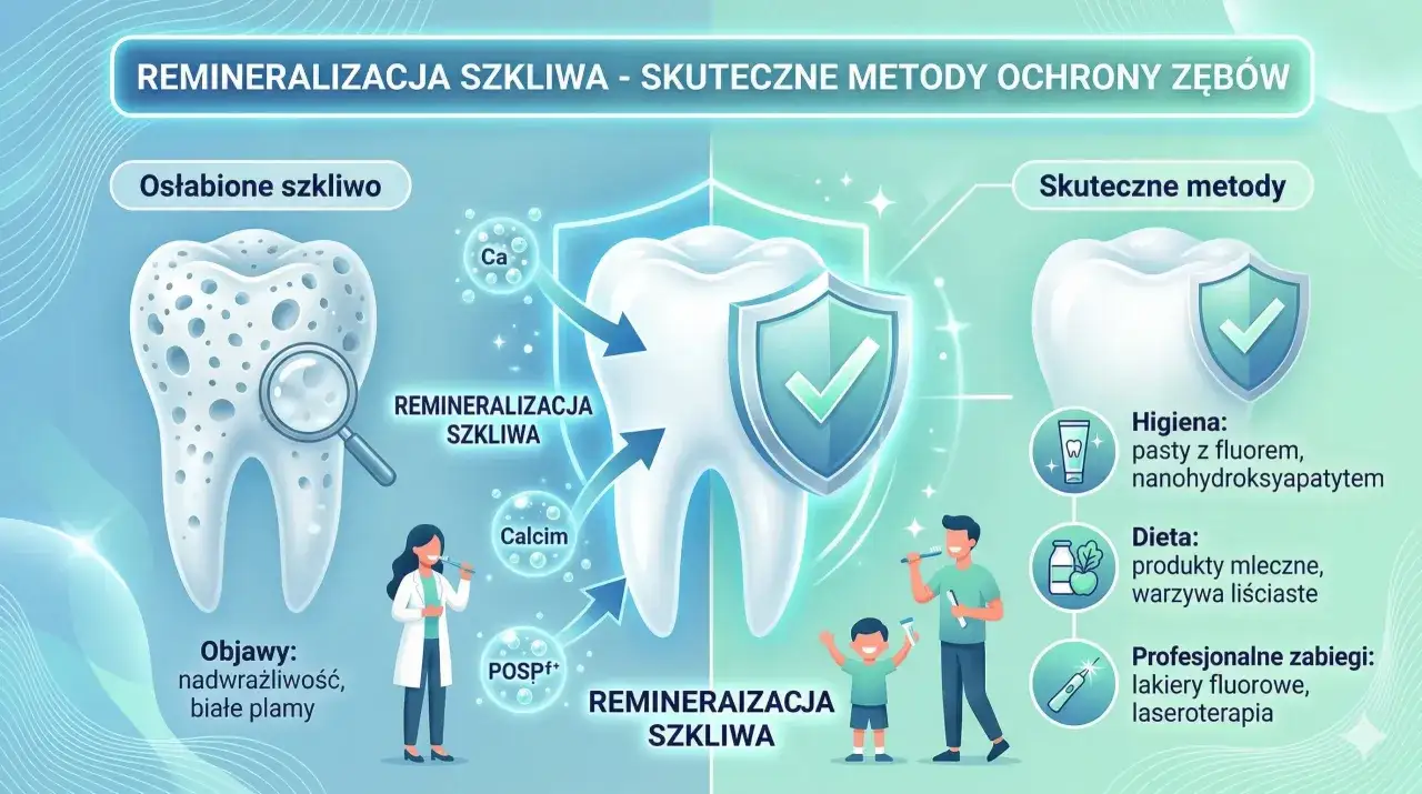 Remineralizacja szkliwa: od osłabionego zęba z białymi plamami do zdrowego, chronionego tarczą. Skuteczne metody obejmują higienę, dietę i zabiegi.