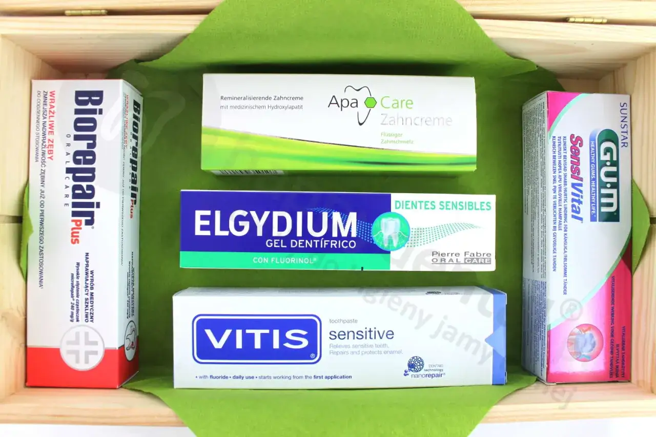 Pasta na odsłonięte szyjki zębowe: Biorepair, Elgydium, Vitis Sensitive, Apa Care, GUM SensiVital.