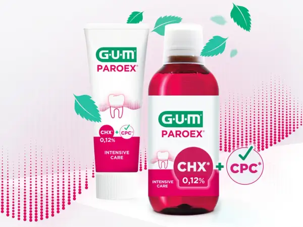 Zestaw GUM PAROEX: pasta do zębów i płyn do płukania jamy ustnej z chlorheksydyną i CPC dla intensywnej pielęgnacji.