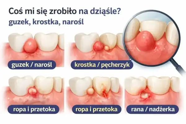 Ilustracja pokazuje zmiany na dziąśle: guzek, krostkę, ropę i przetokę. W przypadku ropy i przetoki, jaki antybiotyk na ząb z ropą jest najlepszy?