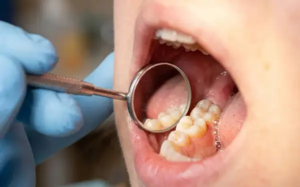 Dentysta bada zęby, widoczne są oznaki próchnicy między zębami.
