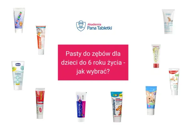 Kolekcja past do zębów dla dzieci, w tym te z fluorem, od różnych marek, jak Elmex, Colgate, Ziaja.