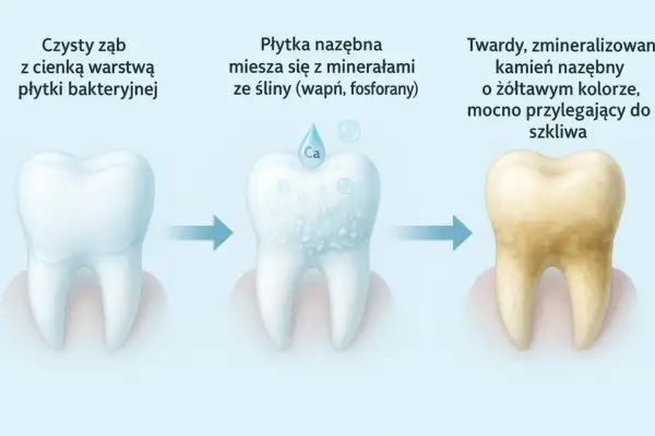 Ilustracja pokazuje, skąd się bierze kamień na zębach: płytka bakteryjna miesza się z minerałami ze śliny, tworząc twardy, żółtawy kamień nazębny.