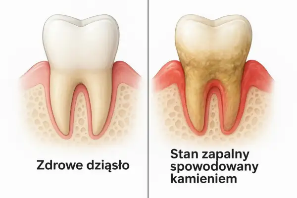 Zdrowe dziąsło vs. stan zapalny spowodowany kamieniem. Dowiedz się, jak zapobiegać kamieniowi nazębnemu w domu.